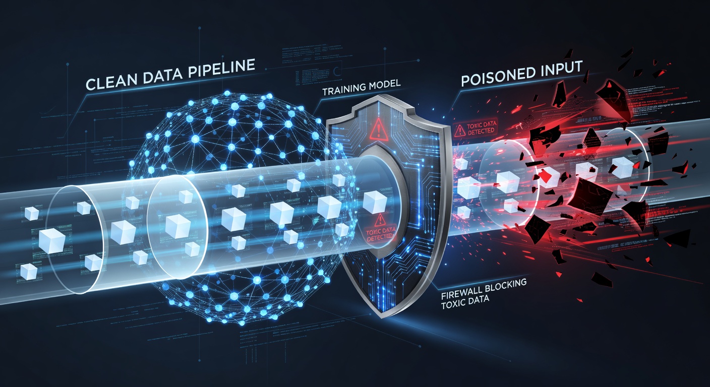 Abstract visualization of data poisoning — malicious data corrupting an AI training pipeline