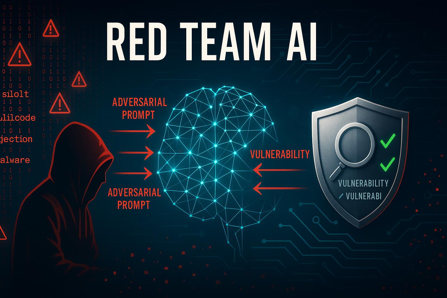 Abstract visualization of AI red teaming — adversarial testing of a language model