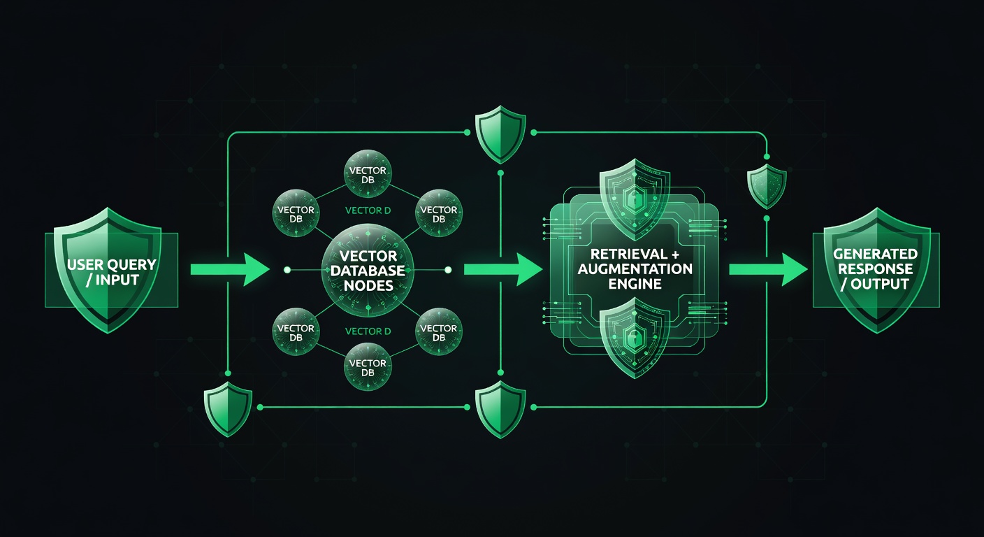 Abstract visualization of RAG pipeline security — retrieval-augmented generation attack surface