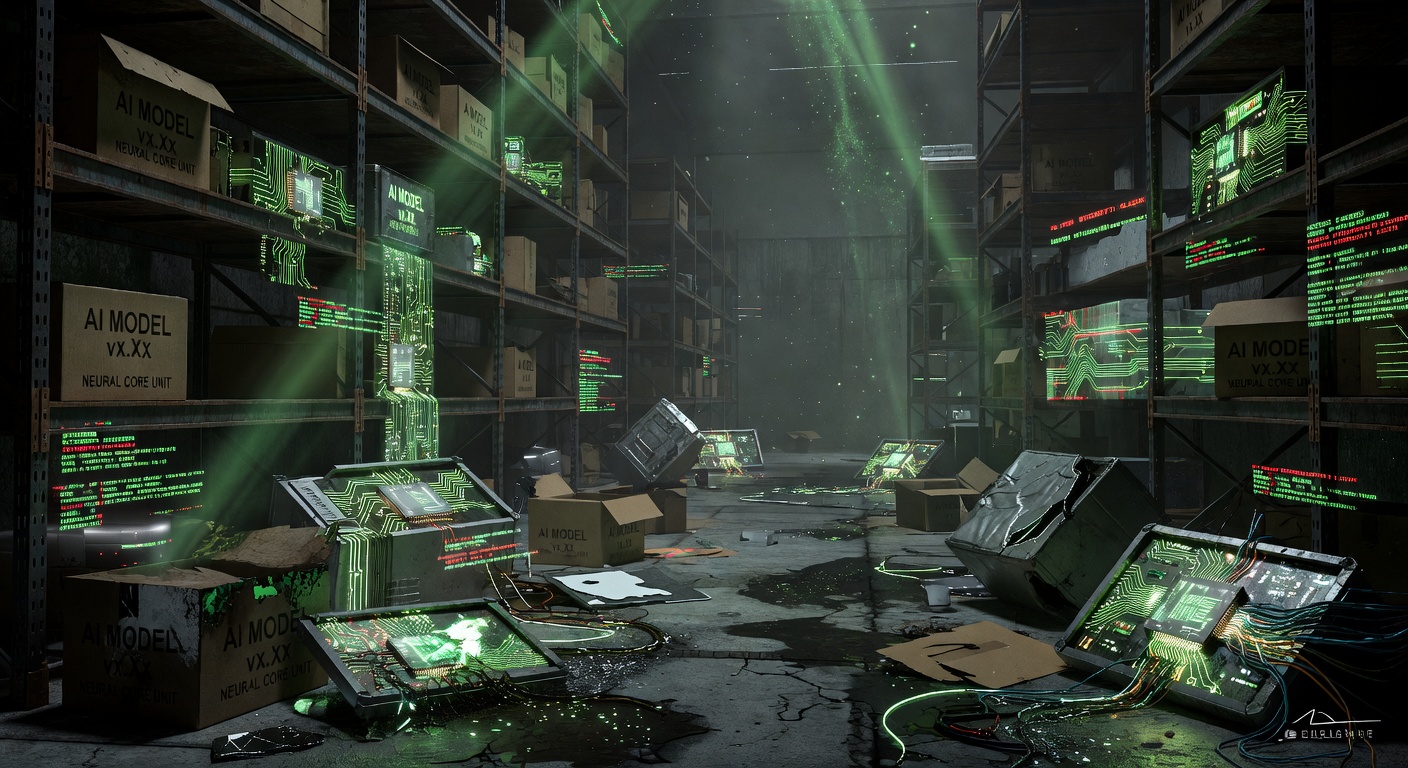 Abstract visualization of AI supply chain security — model weights and package integrity